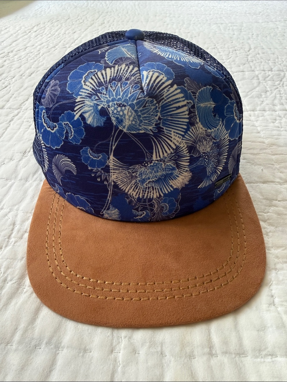 Roxy Blue Floral Mesh Trucker Hat with Tan Suede Brim